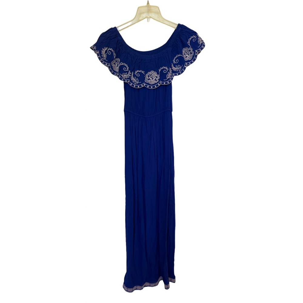 Blue Embroidered Off-Shoulder Women's Dress